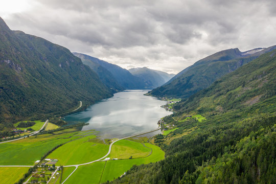 Aerial View of Fjaerland and Fjord near Norsk Bremuseum,Norway © rayints