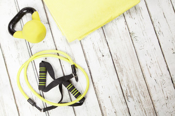 Fitness and exercise gear, copy space 