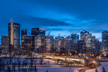 Fototapeta premium View of Calgary's urban core at dusk on a very cold January evening.