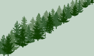 Strip of forest area, silhouettes of fir trees. Applied clipping mask. Vector illustration