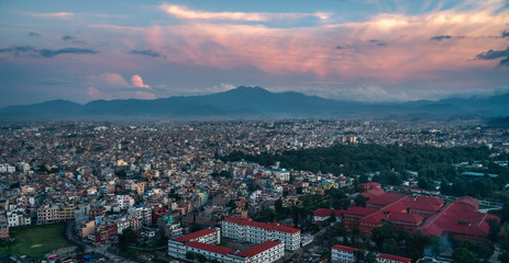 Kathmandu, Nepal. Panorama from Swayambhunath stupa monkey temple during sunset