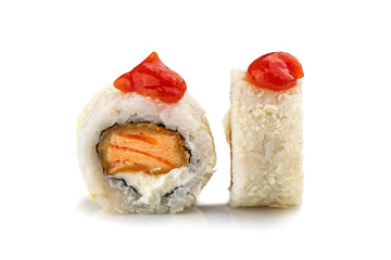 Traditional fresh japanese sushi rolls on a white isolated background.