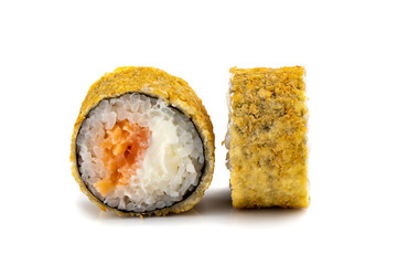 Traditional fresh japanese sushi rolls on a white isolated background.