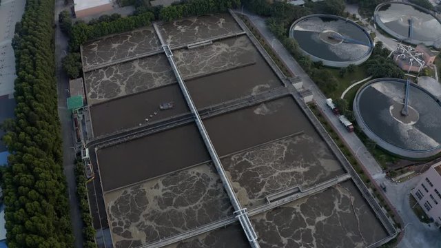 Aerial view of water  treatment plant with dirty water pools in Guangzhou, China, Asia