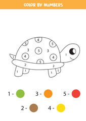 Color cute cartoon turtle by numbers. Coloring page for kids.