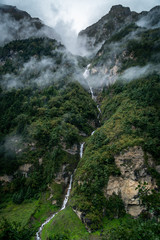 view of the annapurna himalaya in a cloudy day during rainy season