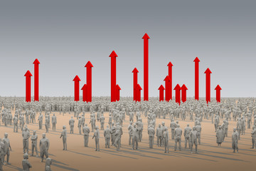 success goal achievement business ideas concept 3d rendering crowd low polygon people with red growth arrow direction rise up paradigm shift  mind set change to success