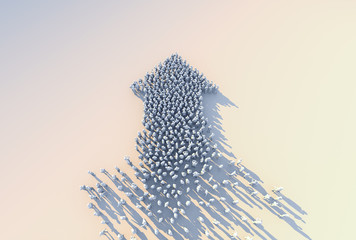 Leadership and successful business ideas concept 3d rendering of crowd 3d low polygon people arrow shape form walk together on white floor color tone image