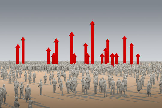 success goal achievement business ideas concept 3d rendering crowd low polygon people with red growth arrow direction rise up paradigm shift  mind set change to success