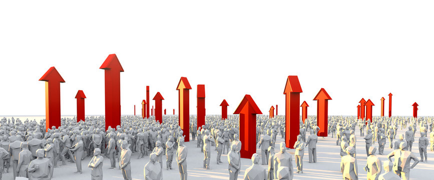 success goal achievement business ideas concept 3d rendering crowd low polygon people with red growth arrow direction rise up paradigm shift  mind set change to success