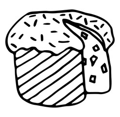 Easter cake ink hand drawn illustration. Holiday sweet food. Black and white line art vector for coloring book page.