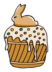 Easter cake ink hand drawn illustration with icing Easter Bunny. Holiday of sweet food. Colorful and beautiful holiday cake.
