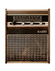 Vintage radio receiver - antique wooden box radio isolate on white with clipping path for object,...