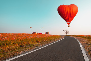 Red hot air balloon in heart shape over flower field. Symbol of love and valentines. landscape in...