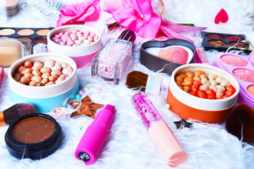 Make up base,Fairy candy pearls blusher,Blush on, Make up brush,Star eye shadows,Foundation,Eyelashes,Flowers,Highlights and shading are on the white wool,flat lay