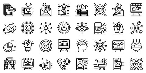 Marketer icons set. Outline set of marketer vector icons for web design isolated on white background