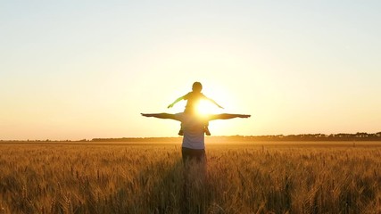 The silhouette of a father and child at sunset, raising his hands up to simulate a flight on a wonderful sunset through the shining sun. The concept of a happy family and family values.