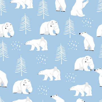 Watercolor winter background with polar bear,tree.Vector illustration seamless pattern for background,wallpaper,frabic.Editable element © piixypeach