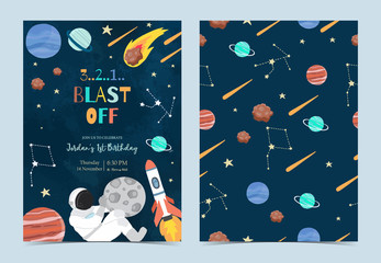 Naklejka na ściany i meble Collection of space background set with astronaut, sun, moon, star,rocket.Editable vector illustration for website, invitation,postcard and sticker.Include wording 3 2 1 blast off