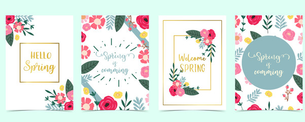 Collection of spring background set with pink flower, green leaves,geometric.Editable vector illustration for website, invitation,postcard and sticker.Include wording welcome spring, hello spring