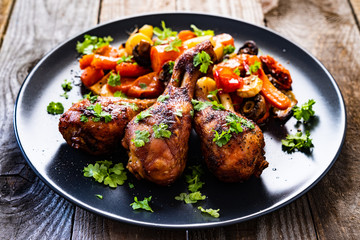 Barbecue chicken drumsticks with roast vegetables