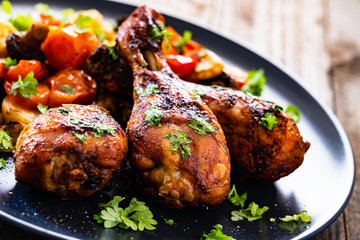 Barbecue chicken drumsticks with roast vegetables