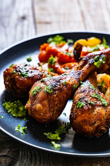 Barbecue chicken drumsticks with roast vegetables