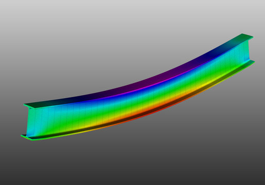 A simple supported I-beam bending under uniform distributed load. Isometric view 3D Illustration of mesh deformation and plot of normal stresses from finite element analysis on grey gradient backround