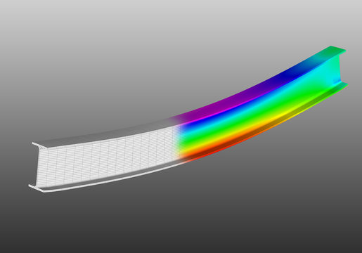 A simple supported I-beam bending under uniform distributed load. Isometric view 3D Illustration of mesh deformation and plot of normal stresses from finite element analysis on grey gradient backround