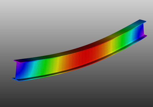 A simple supported I-beam bending under uniform distributed load. Isometric view 3D Illustration of mesh deformation and plot of deflections from finite element analysis on grey gradient backround
