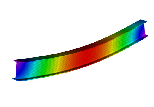 A simple supported I-beam bending under uniform distributed load. Isometric view 3D Illustration of mesh deformation and plot of deflections from finite element analysis on white backround