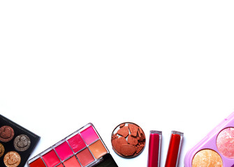 Make up base,Fairy candy pearls blusher,Blush on, Make up brush,Star eye shadows,Foundation,Eyelashes,Flowers,Highlights and shading are on the white background,flat lay