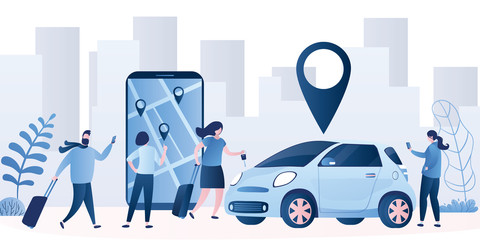 Car sharing service background. Vehicle for a short time. Modern car and smartphone with app.