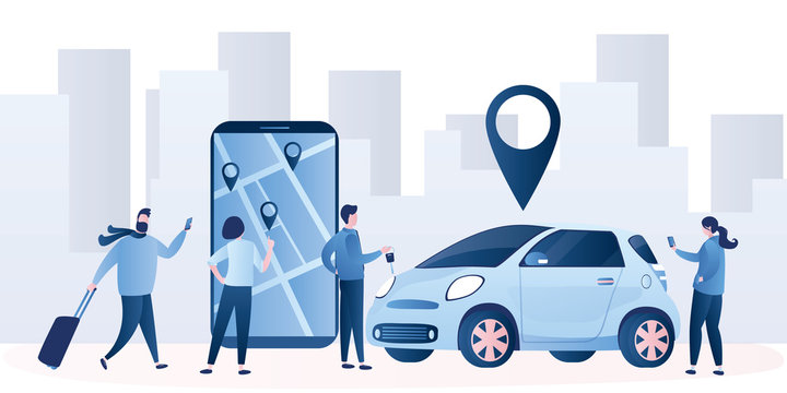 Vehicle for a short time. Modern car and smartphone with app. Group of people sharing auto.