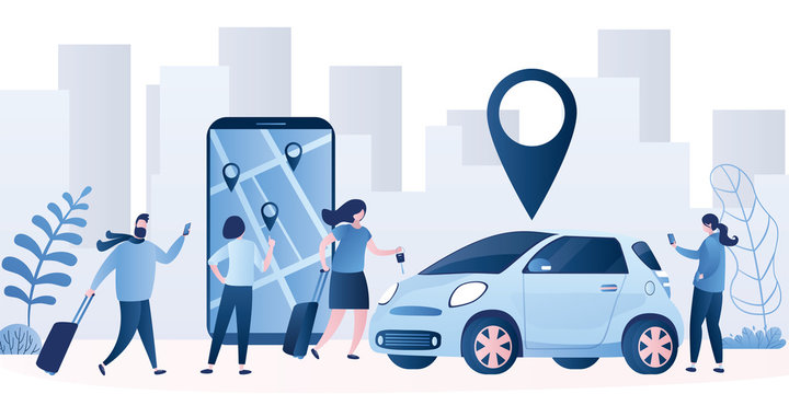 Car sharing service background. Vehicle for a short time. Modern car and smartphone with app.