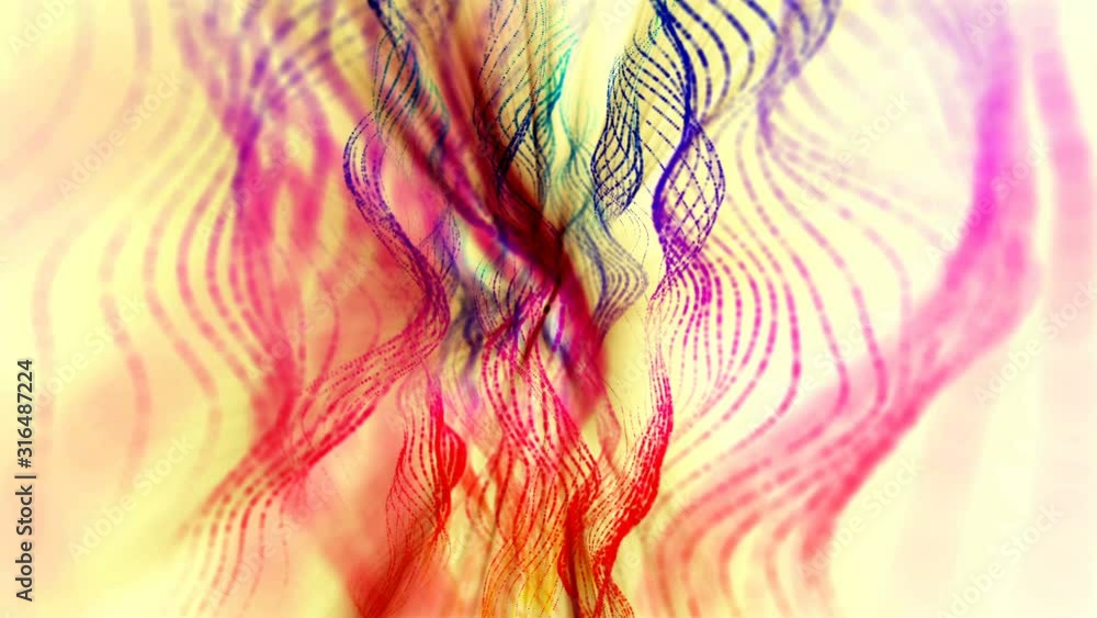 Poster abstract animated background from multi-colored moving particles. 3d render