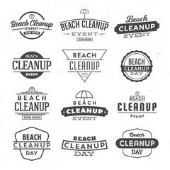 Beach cleanup label design set - collection of typographic emblems for seaside cleaning