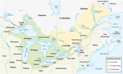 Fototapeta na wymiar Map of the great lakes and st lawrence river drainage aregions