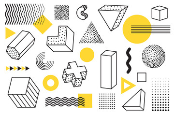 Geometric design and memphis style elements with halftone effects and yellow shapes
