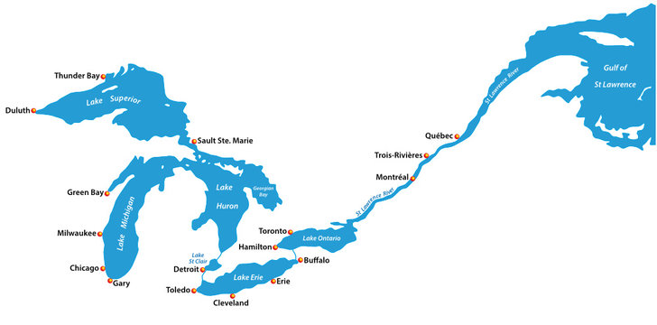 Map of the great lakes and st lawrence river with major cities