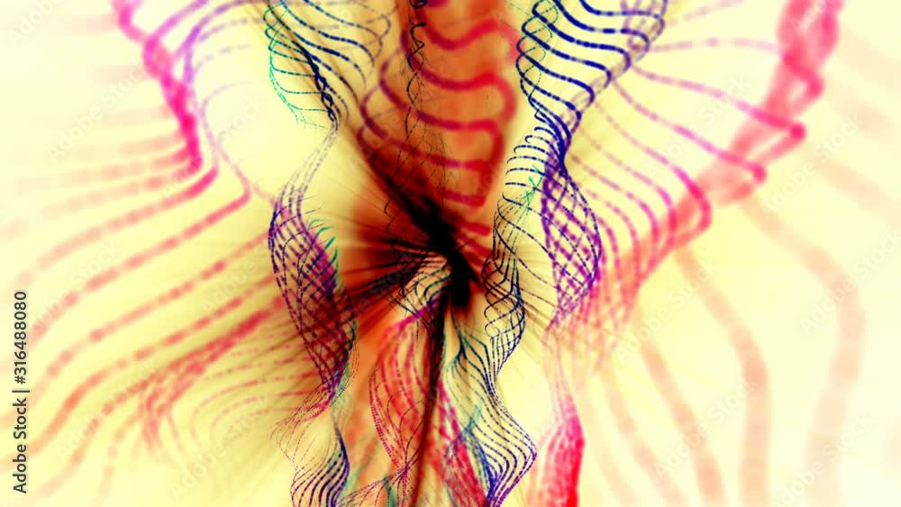 Poster abstract animated background from multi-colored moving particles. 3d render