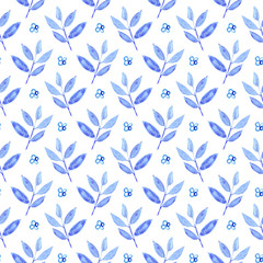 watercolor blue leaves and flowers seamless pattern on a white background. floral