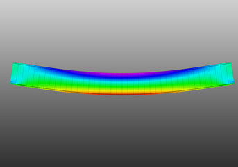 A simple supported I-beam bending under uniform distributed load. Side view 3D Illustration of mesh deformation and plot of normal stresses from finite element analysis on grey gradient backround