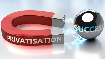 Privatisation helps achieving success - pictured as word Privatisation and a magnet, to symbolize that Privatisation attracts success in life and business, 3d illustration