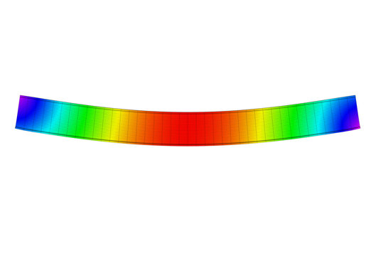 A simple supported I-beam bending under uniform distributed load. Side view 3D Illustration of mesh deformation and plot of deflections from finite element analysis on white backround