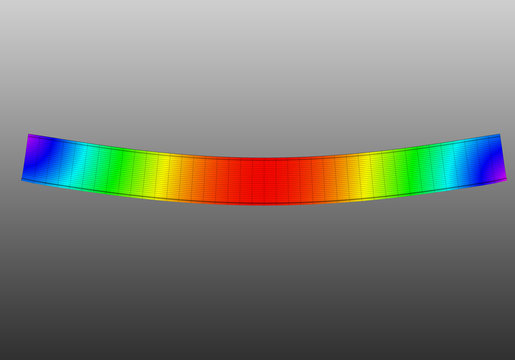 A simple supported I-beam bending under uniform distributed load. Side view 3D Illustration of mesh deformation and plot of deflections from finite element analysis on grey gradient backround