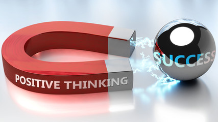 Positive thinking helps achieving success - pictured as word Positive thinking and a magnet, to symbolize that Positive thinking attracts success in life and business, 3d illustration