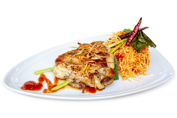 Grilled Chicken Lemongrass with Crispy Fried Noodle and Tamarind sauce