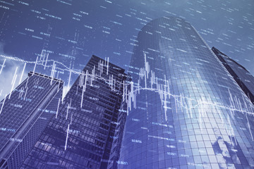 Forex chart on cityscape with skyscrapers wallpaper multi exposure. Financial research concept.