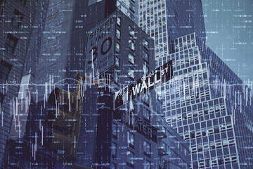 Forex chart on cityscape with tall buildings background multi exposure. Financial research concept.